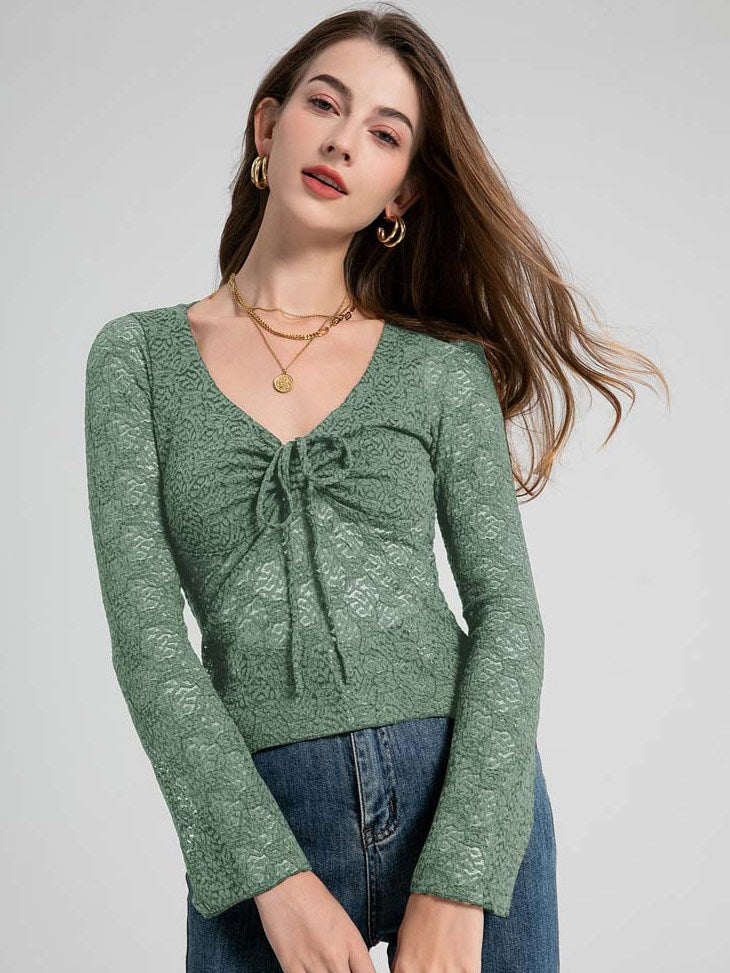 Women’s Cropped Lace Top with Bowknot Tie